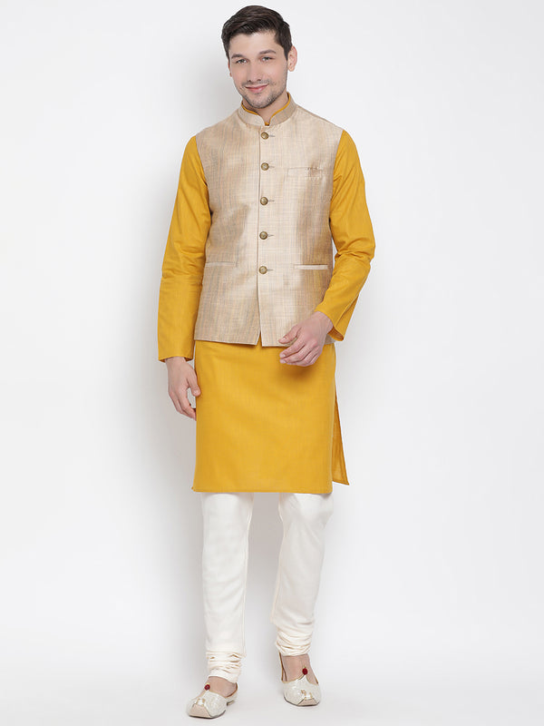 Vastramay Men's Yellow Cotton Linen Blend Jacket, Kurta and Pyjama Set - Distacart