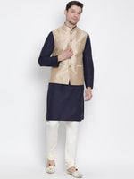 Thumbnail for Vastramay Men's Dark Blue Cotton Linen Blend Jacket, Kurta and Pyjama Set - Distacart