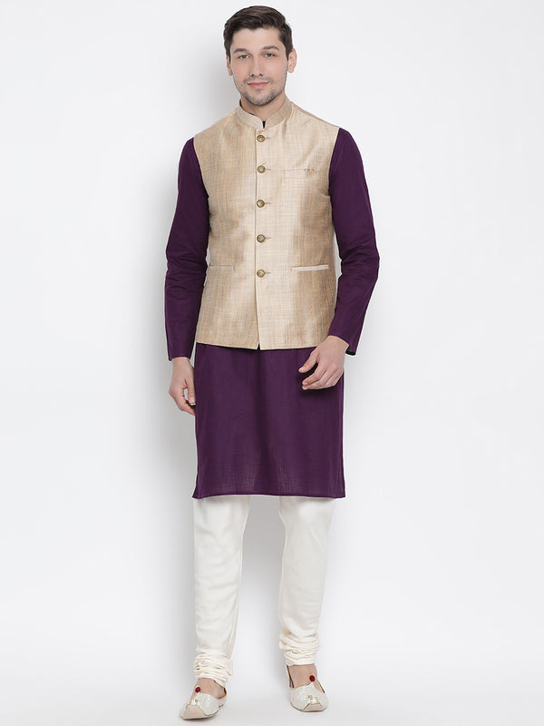 Vastramay Men's Purple Cotton Linen Blend Jacket, Kurta and Pyjama Set - Distacart