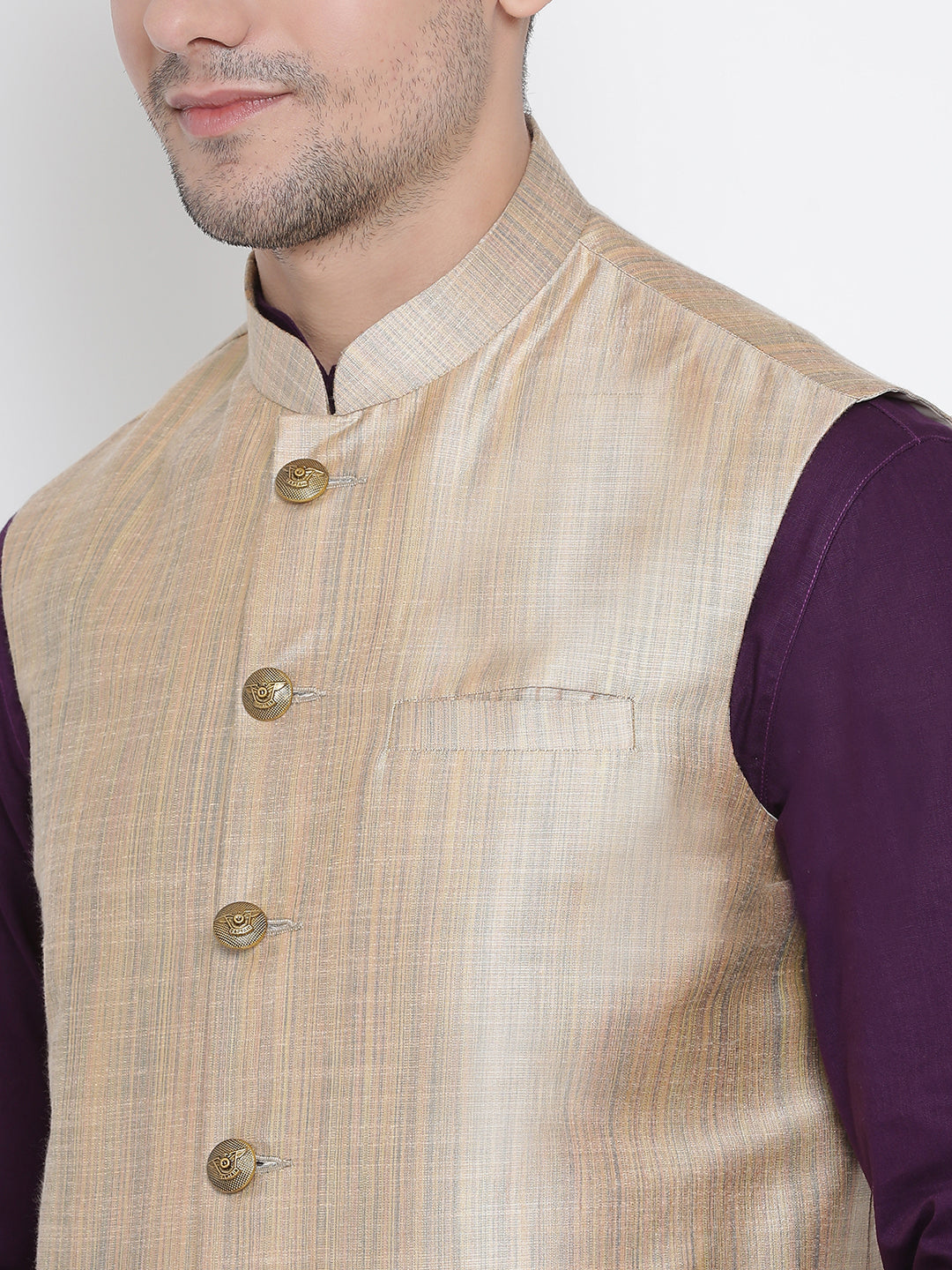 Vastramay Men's Purple Cotton Linen Blend Jacket, Kurta and Pyjama Set - Distacart
