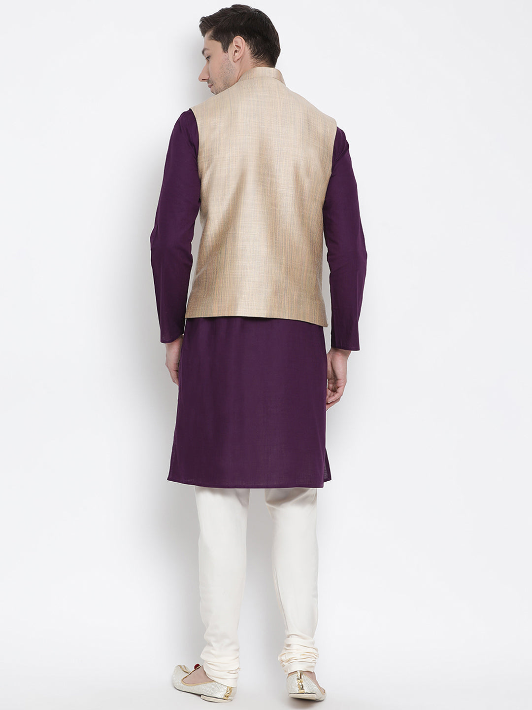 Vastramay Men's Purple Cotton Linen Blend Jacket, Kurta and Pyjama Set - Distacart