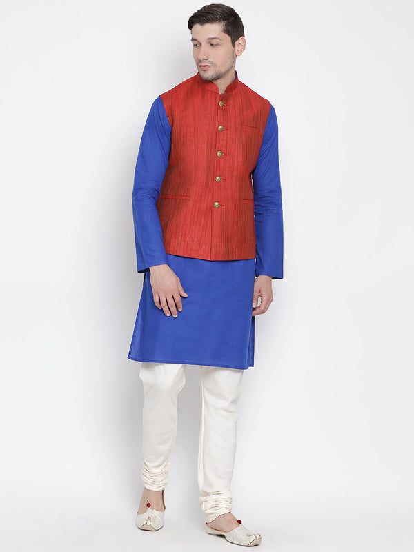 Vastramay Men's Blue Cotton Linen Blend Jacket, Kurta and Pyjama Set - Distacart