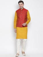 Thumbnail for Vastramay Men's Yellow Cotton Linen Blend Jacket, Kurta and Pyjama Set - Distacart