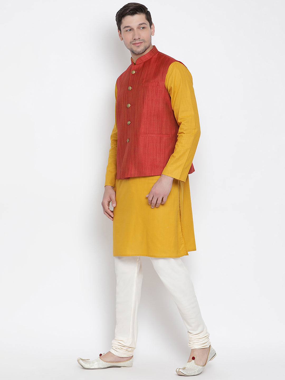 Vastramay Men's Yellow Cotton Linen Blend Jacket, Kurta and Pyjama Set - Distacart