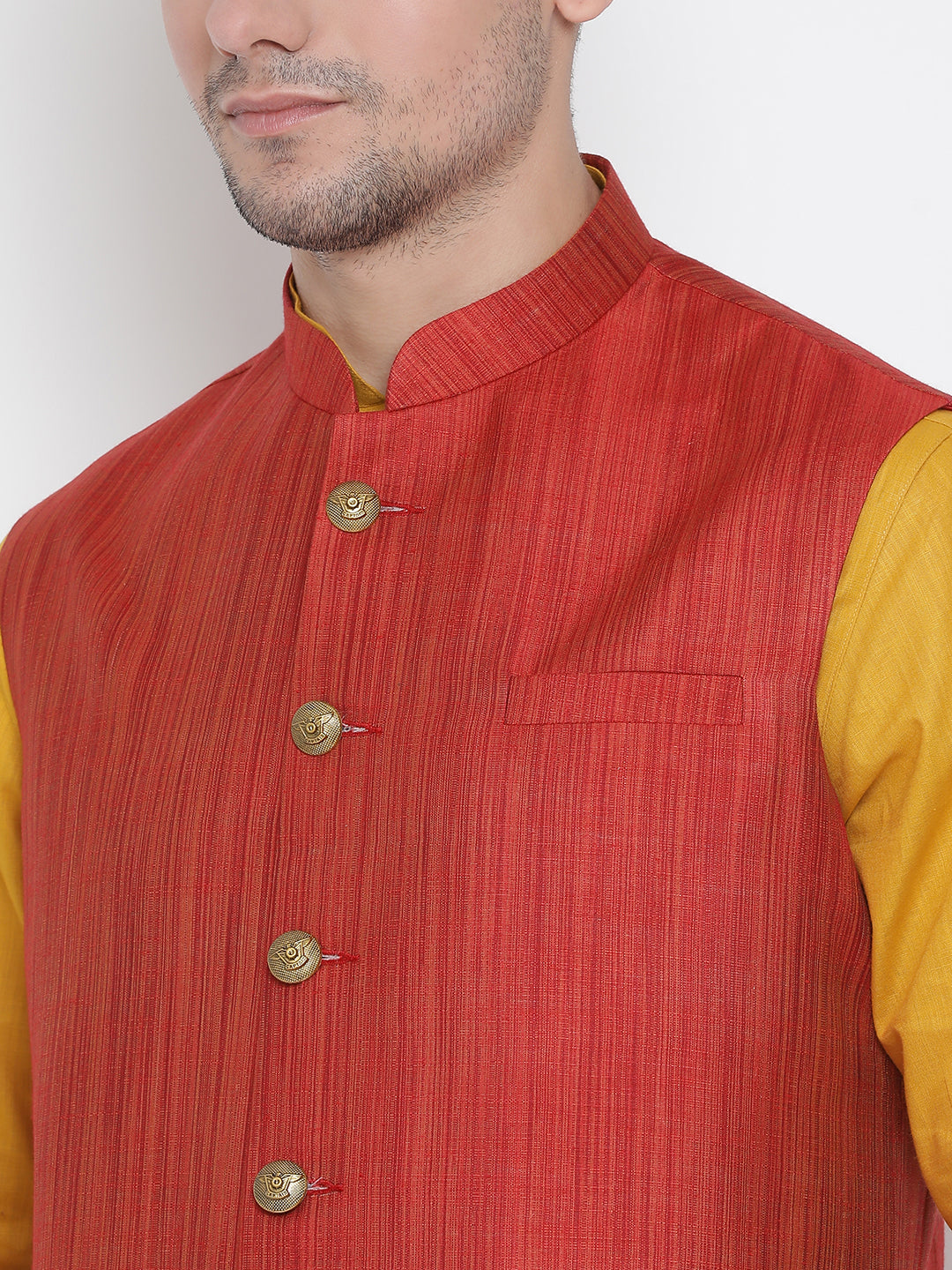 Vastramay Men's Yellow Cotton Linen Blend Jacket, Kurta and Pyjama Set - Distacart