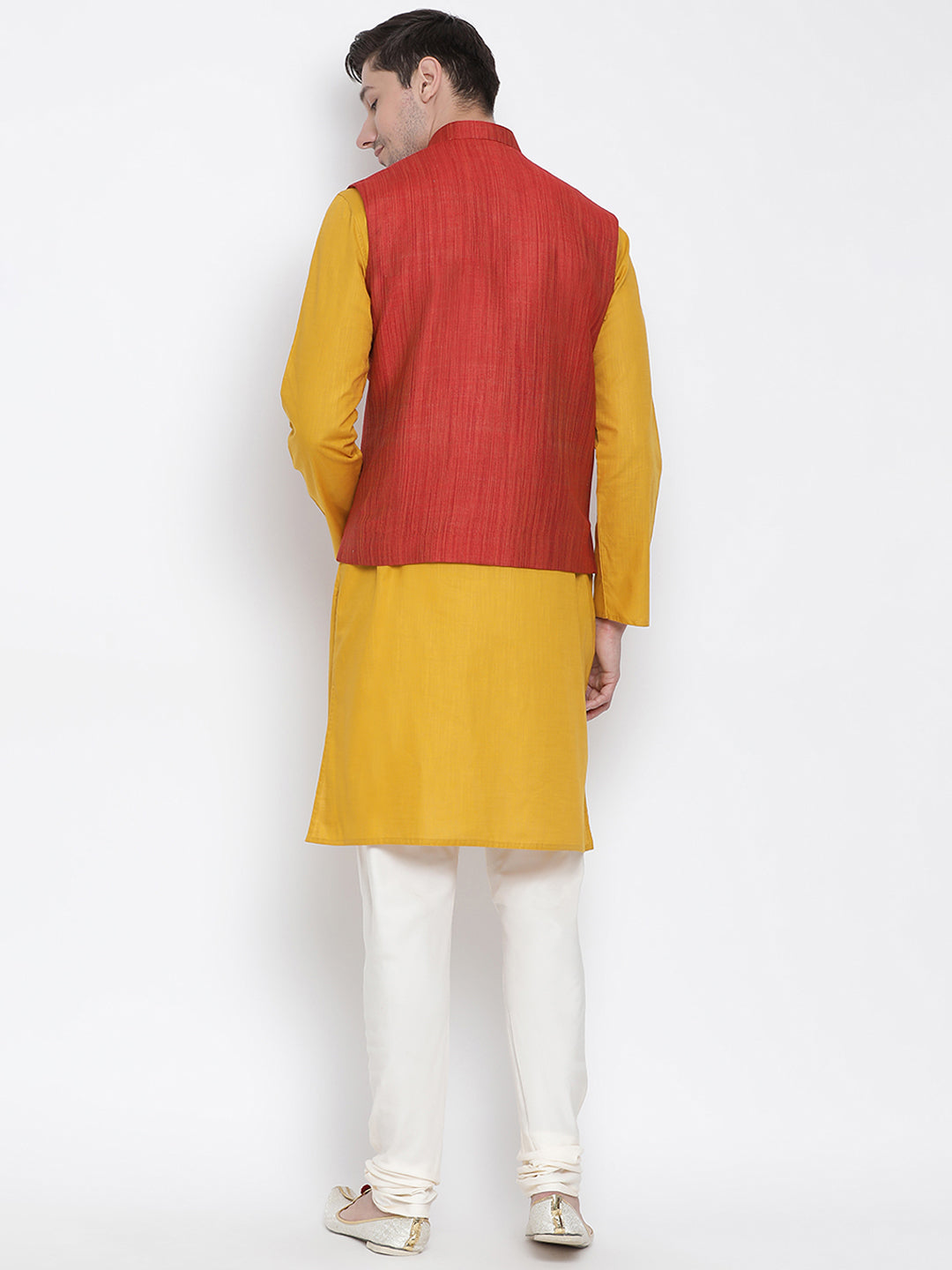 Vastramay Men's Yellow Cotton Linen Blend Jacket, Kurta and Pyjama Set - Distacart