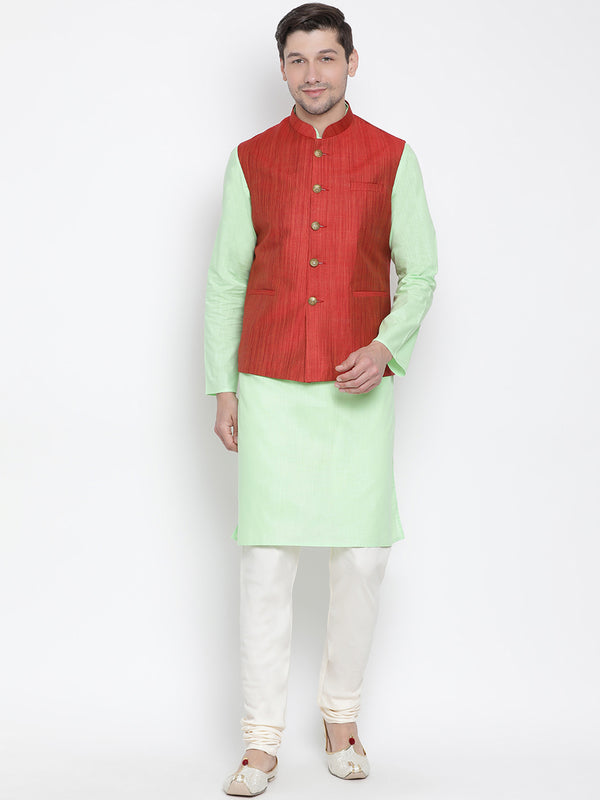 Vastramay Men's Light Green Cotton Linen Blend Jacket, Kurta and Pyjama Set - Distacart
