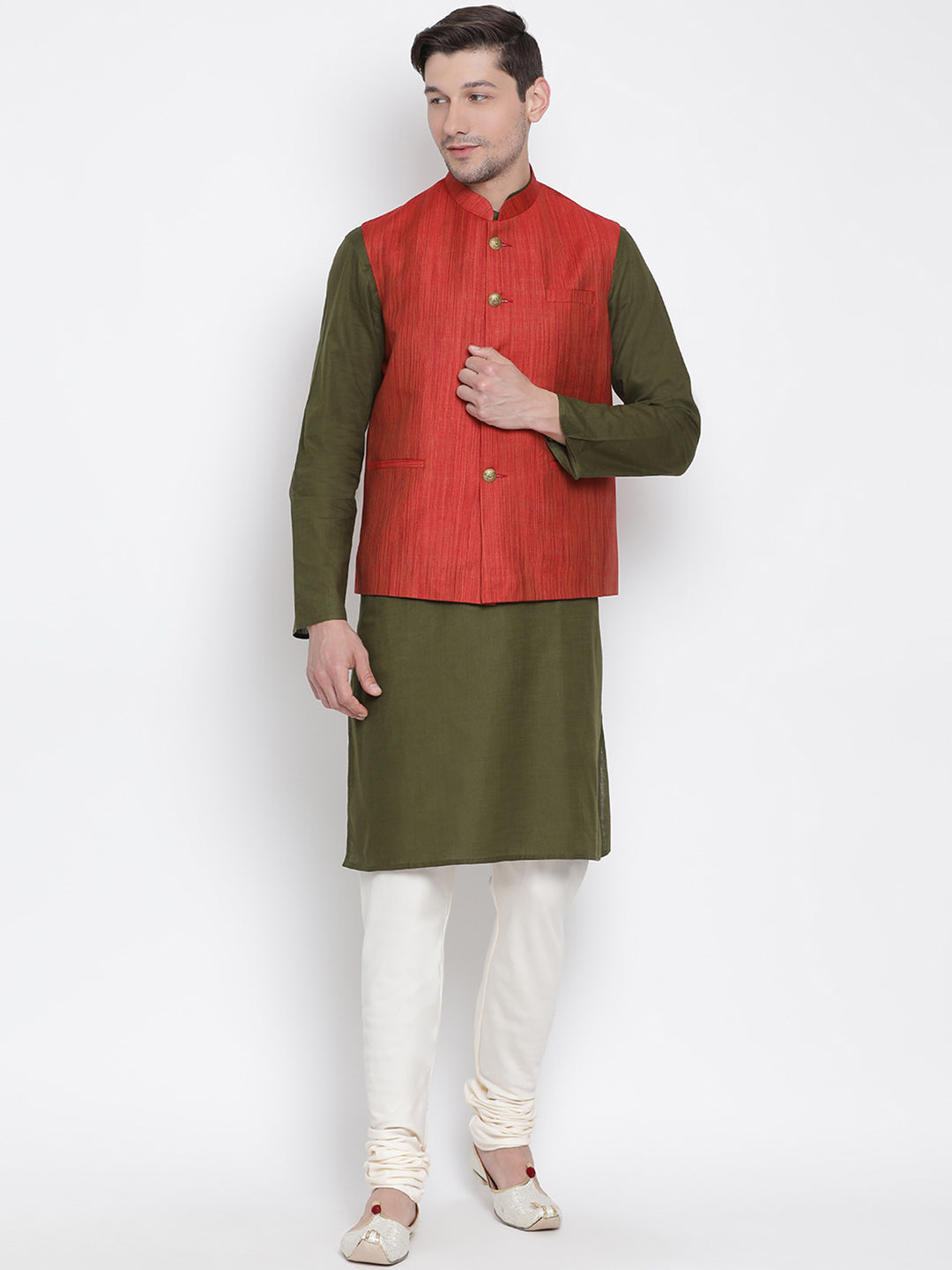 Vastramay Men's Green Cotton Linen Blend Jacket, Kurta and Pyjama Set - Distacart