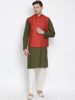 Thumbnail for Vastramay Men's Green Cotton Linen Blend Jacket, Kurta and Pyjama Set - Distacart