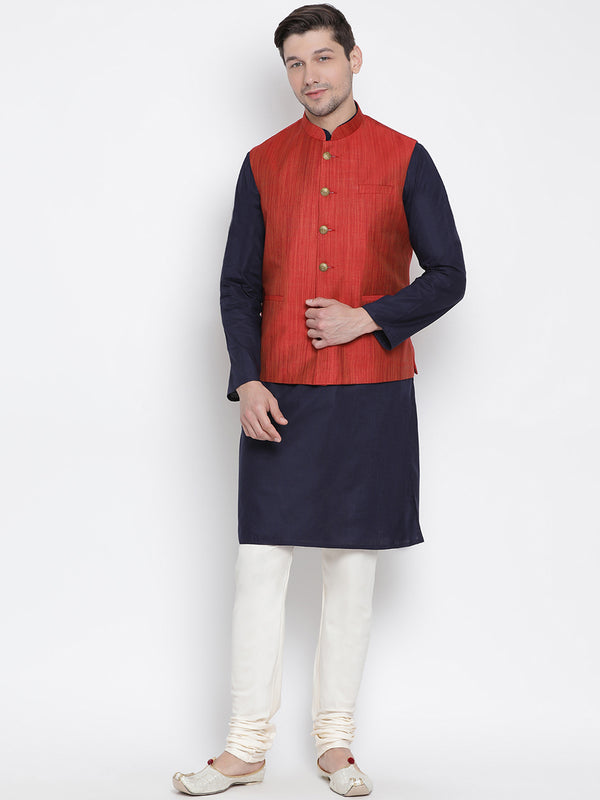 Vastramay Men's Dark Blue Cotton Linen Blend Jacket, Kurta and Pyjama Set - Distacart