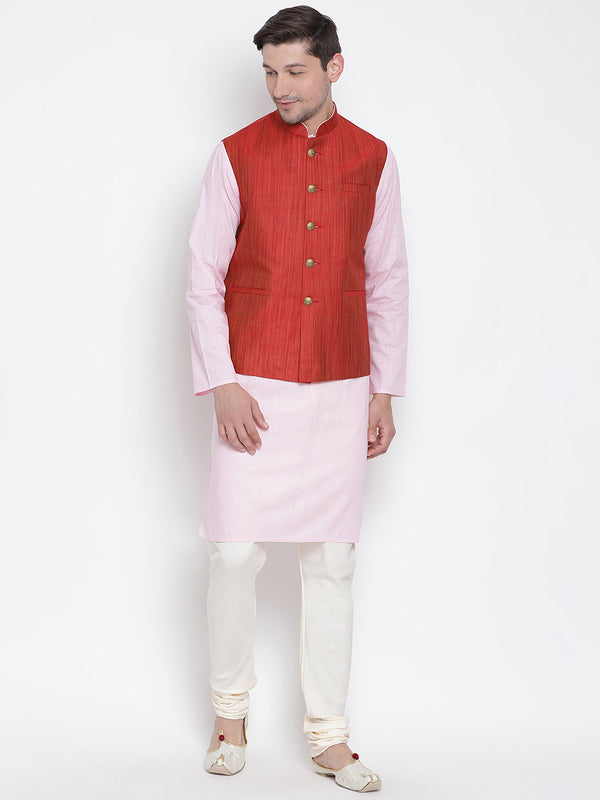 Vastramay Men's Pink Cotton Linen Blend Jacket, Kurta and Pyjama Set - Distacart