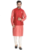 Thumbnail for Vastramay Men's Pink Cotton Silk Jacket, Kurta and Pyjama Set - Distacart