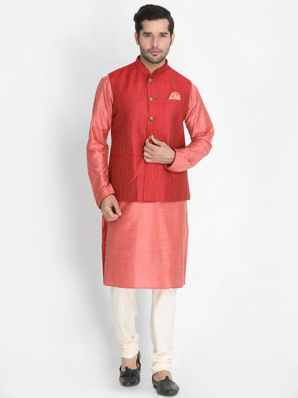 Vastramay Men's Pink Cotton Silk Jacket, Kurta and Pyjama Set - Distacart