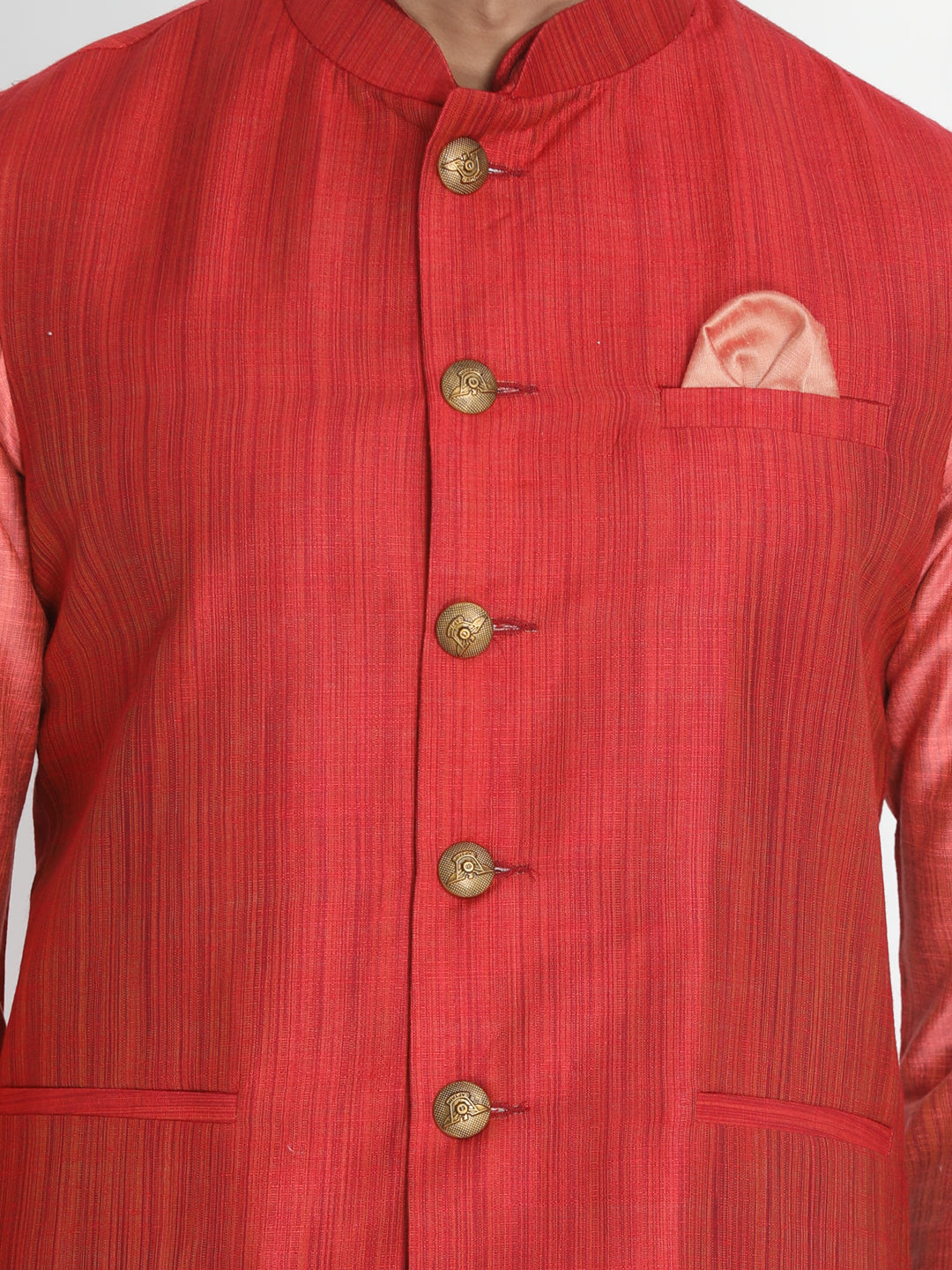Vastramay Men's Pink Cotton Silk Jacket, Kurta and Pyjama Set - Distacart