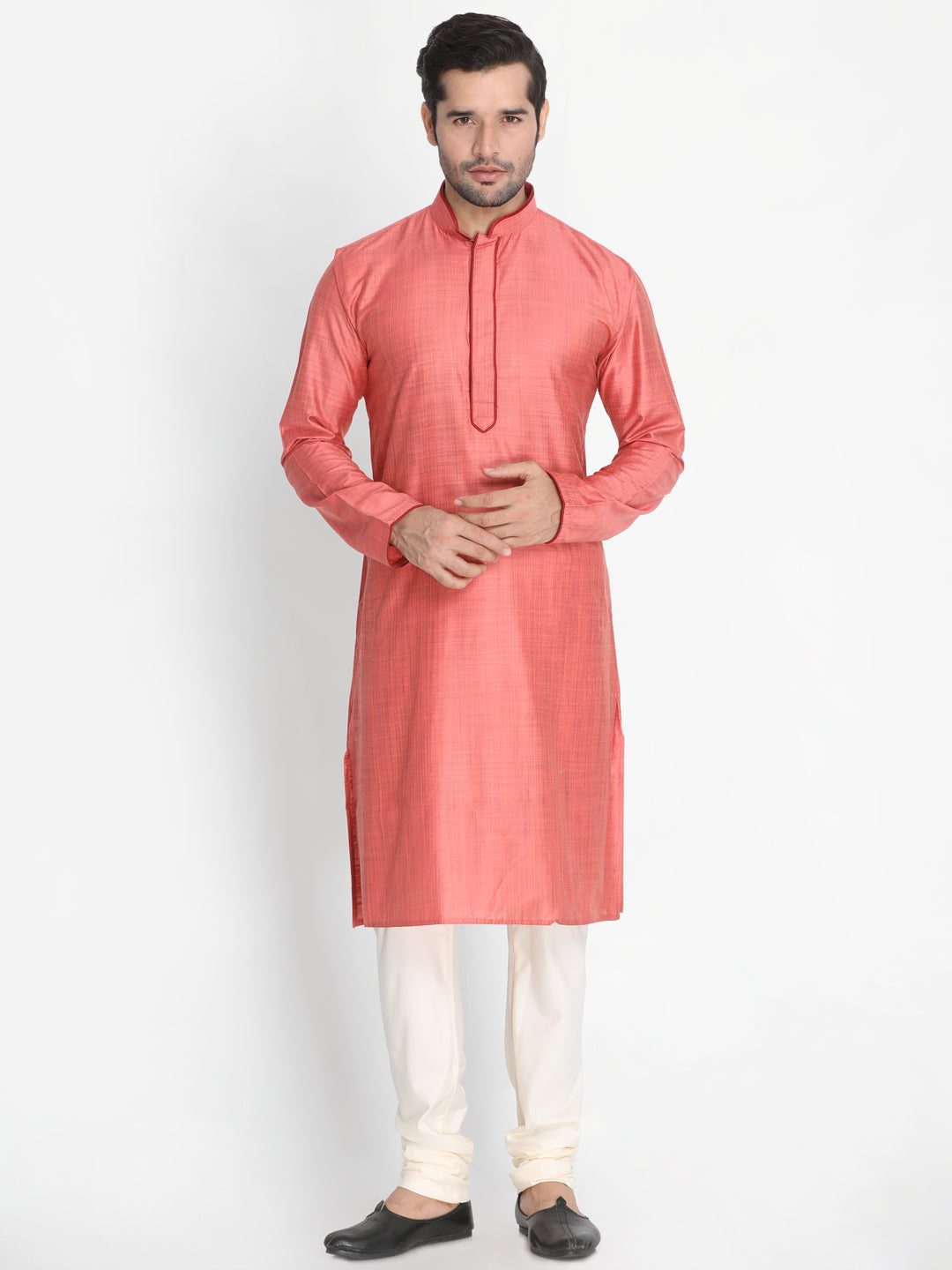 Vastramay Men's Pink Cotton Silk Jacket, Kurta and Pyjama Set - Distacart