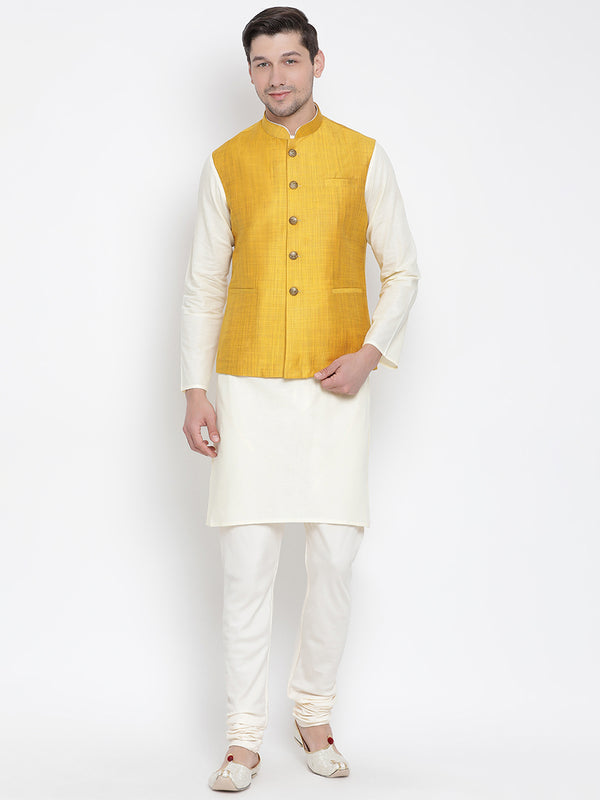 Vastramay Men's Beige Cotton Linen Blend Jacket, Kurta and Pyjama Set - Distacart