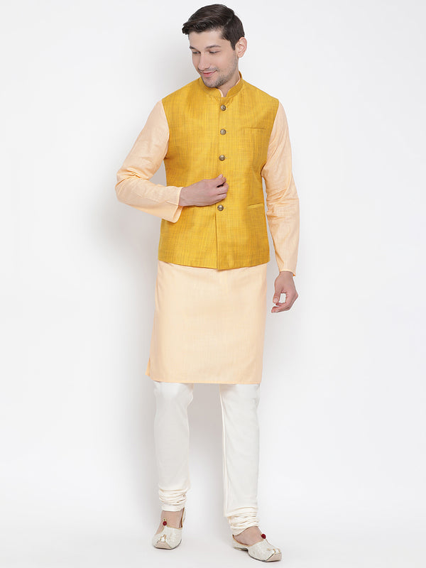 Vastramay Men's Orange Cotton Linen Blend Jacket, Kurta and Pyjama Set - Distacart
