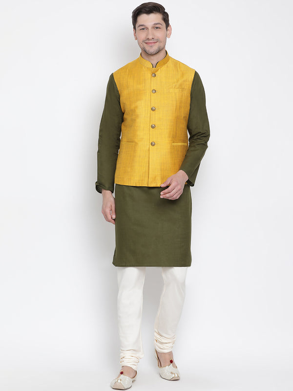 Vastramay Men's Green Cotton Linen Blend Jacket, Kurta and Pyjama Set - Distacart
