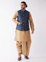 Thumbnail for VM by Vastramay Men's Rose Gold And Blue Silk Blend Jacket, Kurta And Dhoti Set - Distacart
