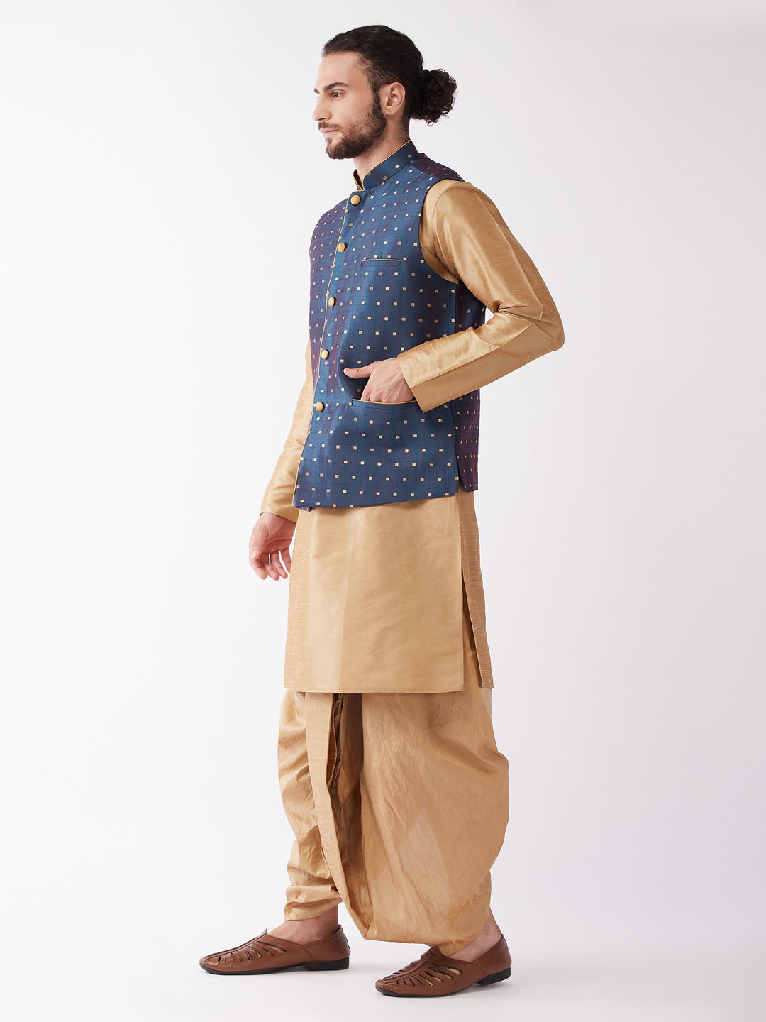 VM by Vastramay Men's Rose Gold And Blue Silk Blend Jacket, Kurta And Dhoti Set - Distacart