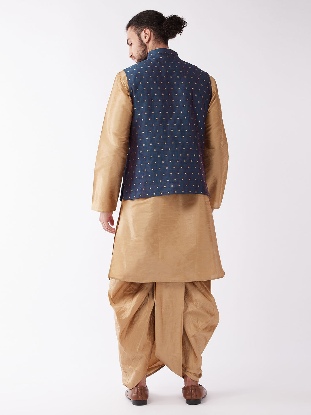 VM by Vastramay Men's Rose Gold And Blue Silk Blend Jacket, Kurta And Dhoti Set - Distacart