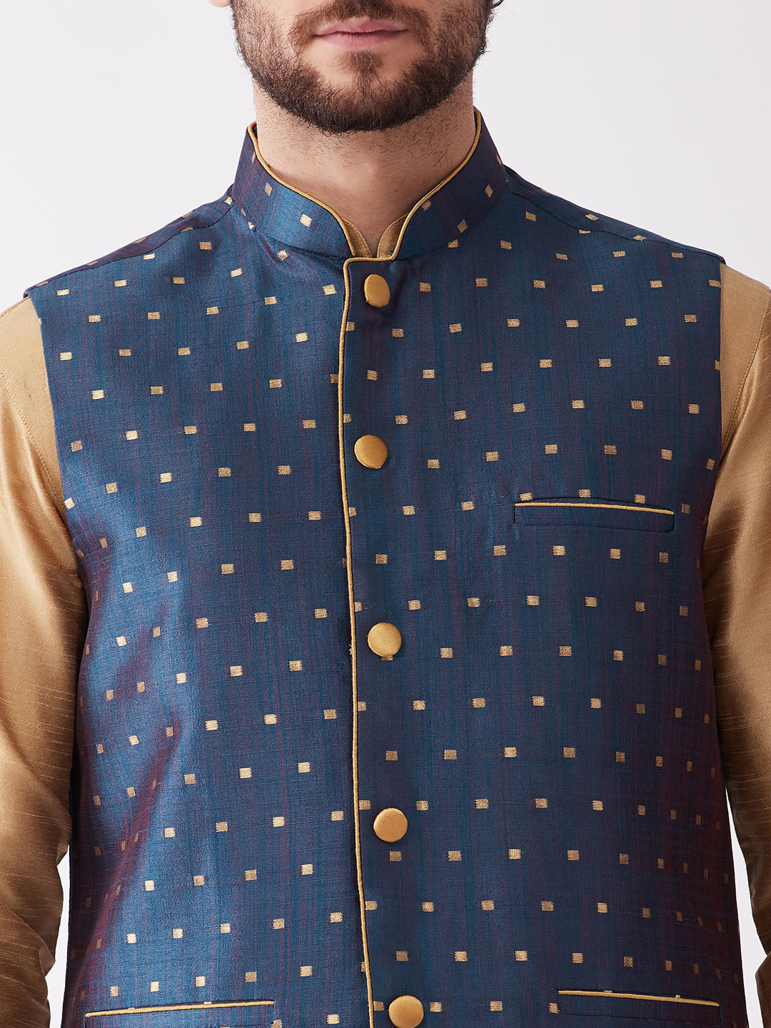 VM by Vastramay Men's Rose Gold And Blue Silk Blend Jacket, Kurta And Dhoti Set - Distacart
