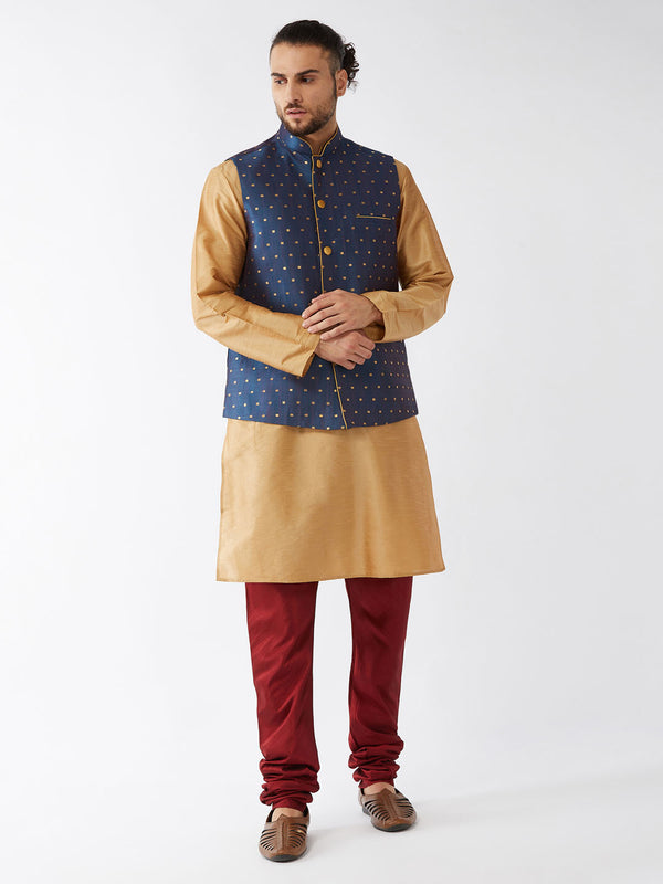 VM by Vastramay Men's Rose Gold, Blue And Maroon Silk Blend Jacket, Kurta And Pyjama Set - Distacart