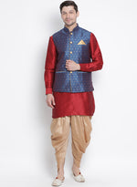 Thumbnail for Vastramay Men's Maroon Silk Blend Jacket, Kurta and Dhoti Set - Distacart
