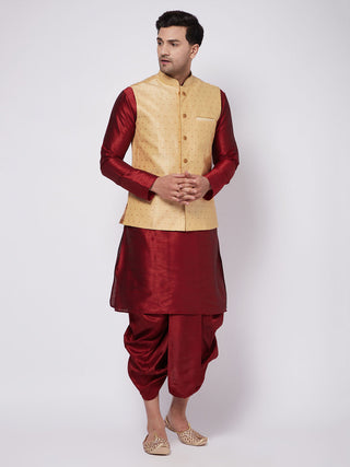 VM by Vastramay Men's Gold And Maroon Silk Blend Jacket, Kurta And Dhoti Set - Distacart