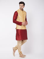 Thumbnail for VM by Vastramay Men's Maroon, Gold And Rose Gold Silk Blend Jacket, Kurta And Pyjama Set - Distacart