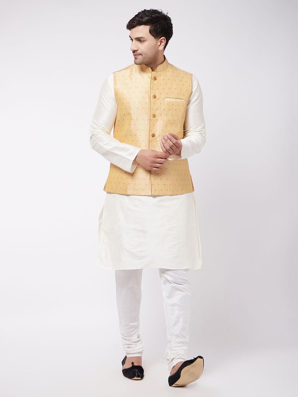 VM by Vastramay Men's Maroon, Gold And Cream Silk Blend Jacket, Kurta And Pyjama Set - Distacart