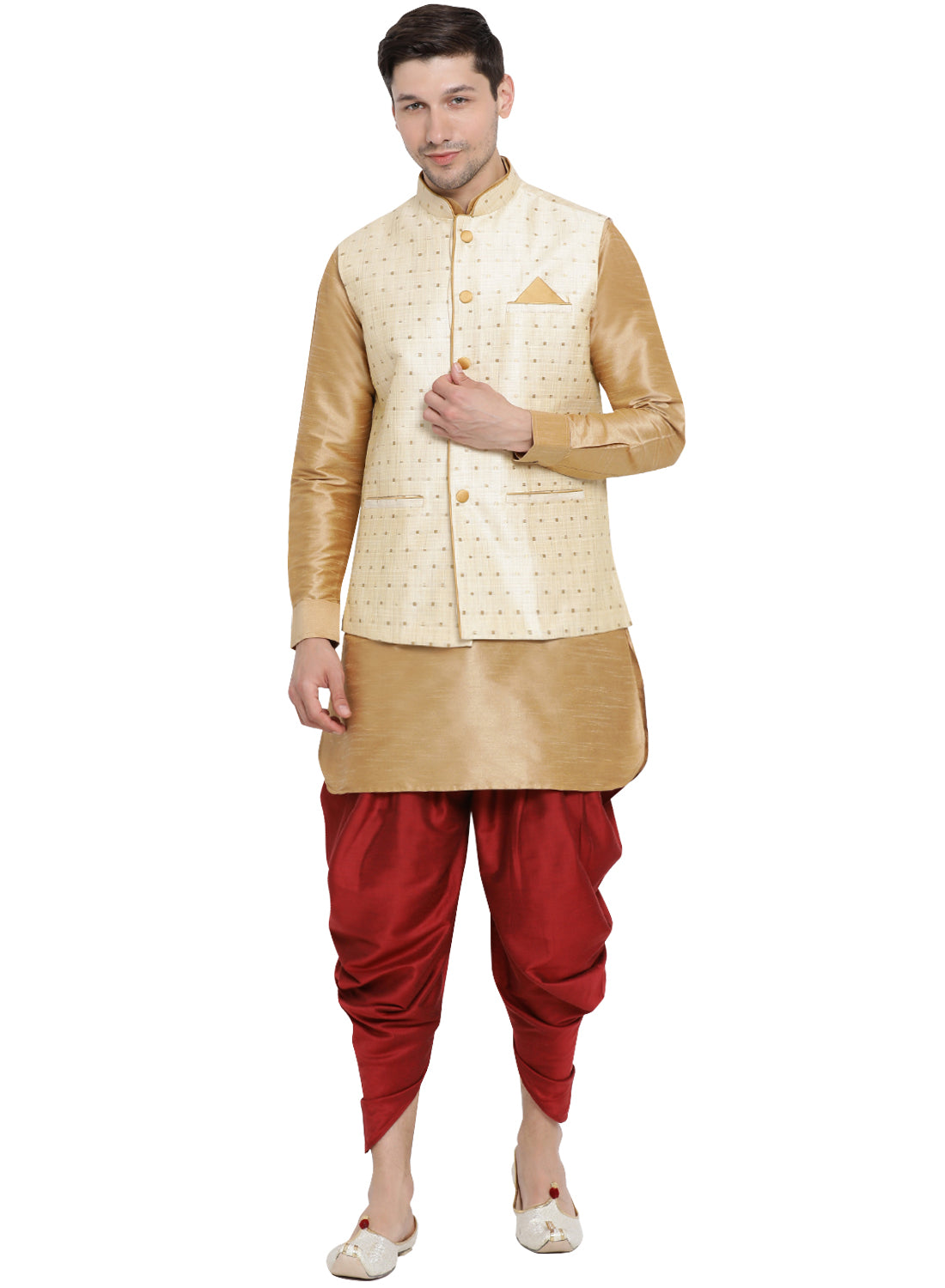 Vastramay Men's Gold Silk Blend Jacket, Kurta and Dhoti Set - Distacart