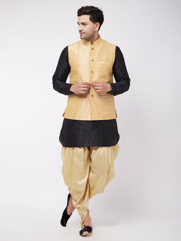 VM by Vastramay Men's Black And Gold Silk Blend Jacket, Kurta And Dhoti Set - Distacart