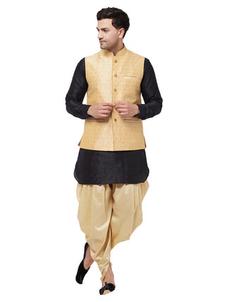Vastramay Men's Black And Gold Silk Blend Jacket, Kurta and Dhoti Set - Distacart