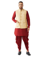 Thumbnail for VM by Vastramay Men's Maroon And Gold Silk Blend Jacket, Kurta And Dhoti Set - Distacart