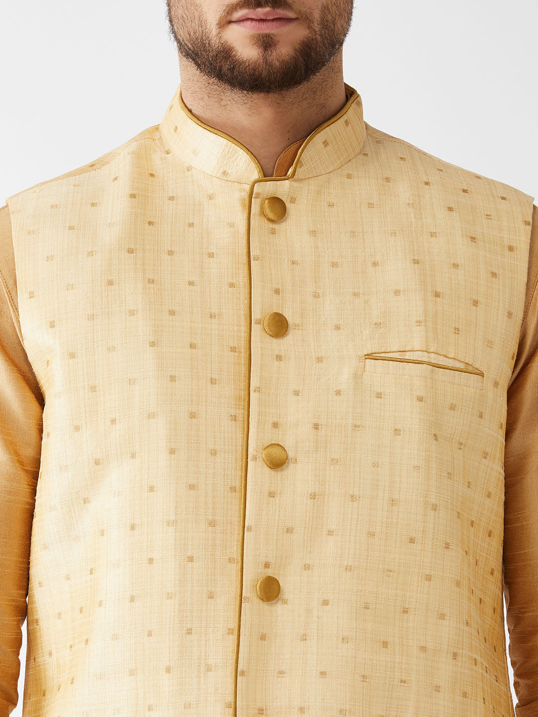 VM by Vastramay Men's Rose Gold And Gold Silk Blend Jacket, Kurta And Dhoti Set - Distacart