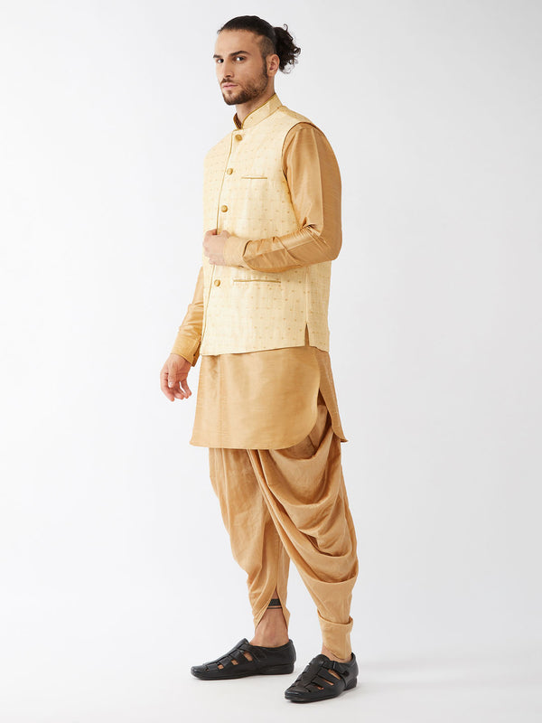 VM by Vastramay Men's Rose Gold And Gold Silk Blend Jacket, Kurta And Dhoti Set - Distacart