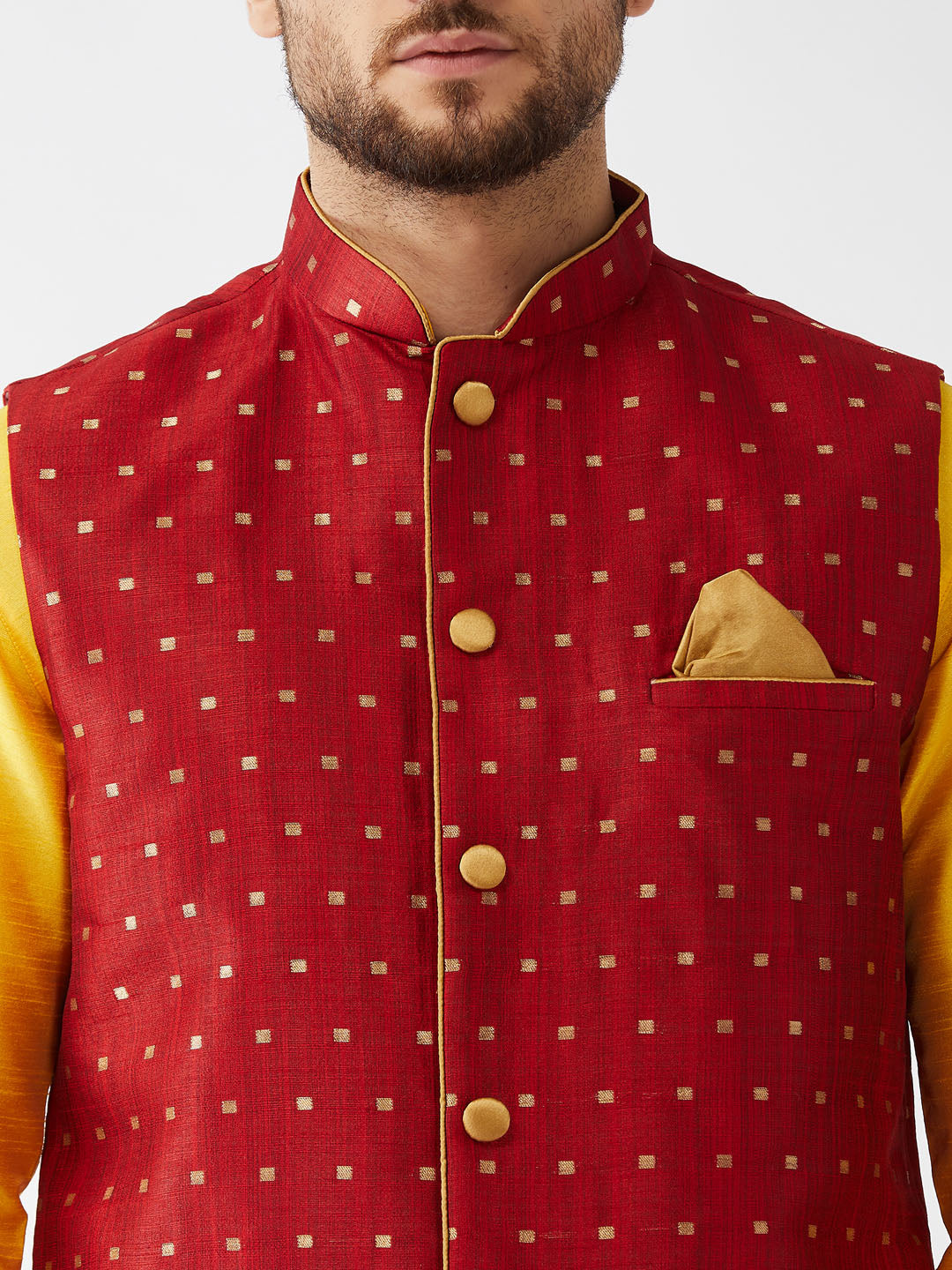 VM by Vastramay Men's Yellow And Maroon Silk Blend Jacket, Kurta And Pyjama Set - Distacart