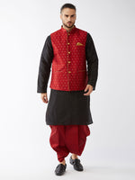 Thumbnail for VM by Vastramay Men's Black And Maroon Silk Blend Jacket, Kurta And Dhoti Set - Distacart