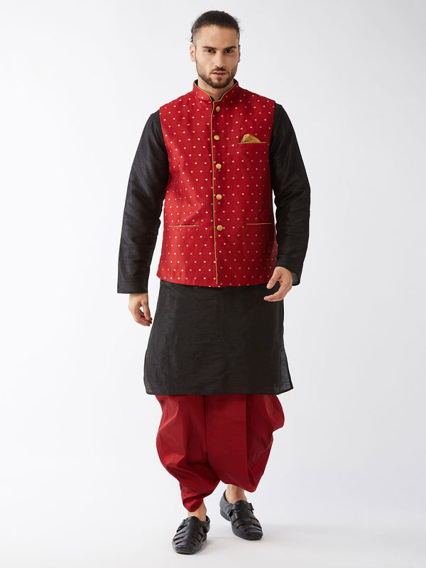 VM by Vastramay Men's Black And Maroon Silk Blend Jacket, Kurta And Dhoti Set - Distacart