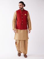 Thumbnail for VM by Vastramay Men's Rose Gold And Maroon Silk Blend Jacket, Kurta And Dhoti Set - Distacart