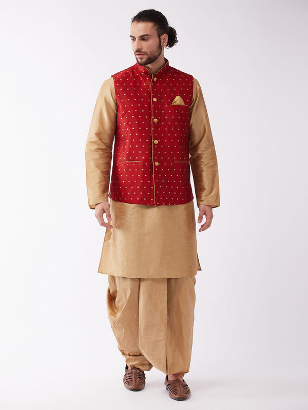 VM by Vastramay Men's Rose Gold And Maroon Silk Blend Jacket, Kurta And Dhoti Set - Distacart