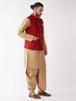 Thumbnail for VM by Vastramay Men's Rose Gold And Maroon Silk Blend Jacket, Kurta And Dhoti Set - Distacart