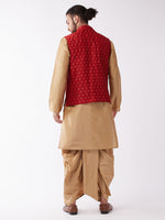 Thumbnail for VM by Vastramay Men's Rose Gold And Maroon Silk Blend Jacket, Kurta And Dhoti Set - Distacart