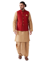 Thumbnail for VM by Vastramay Men's Rose Gold And Maroon Silk Blend Jacket, Kurta And Dhoti Set - Distacart