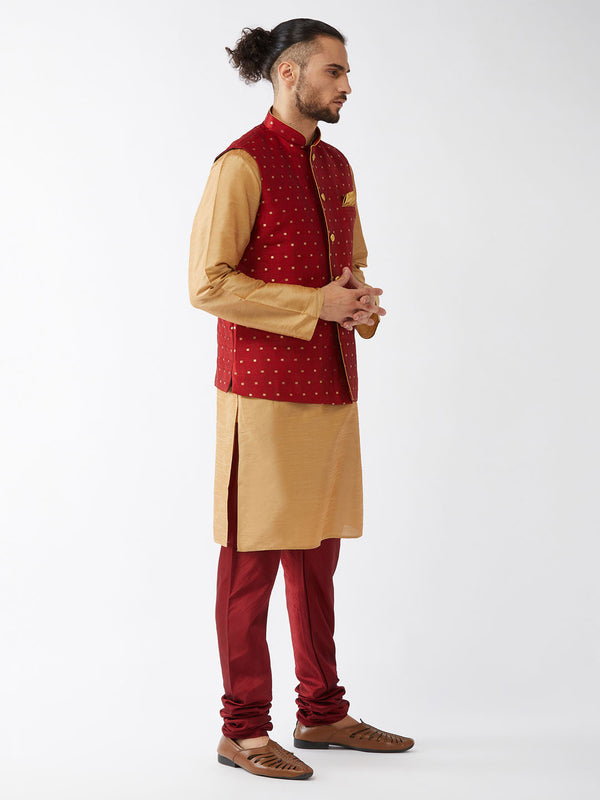 VM by Vastramay Men's Rose Gold And Maroon Silk Blend Jacket, Kurta And Pyjama Set - Distacart