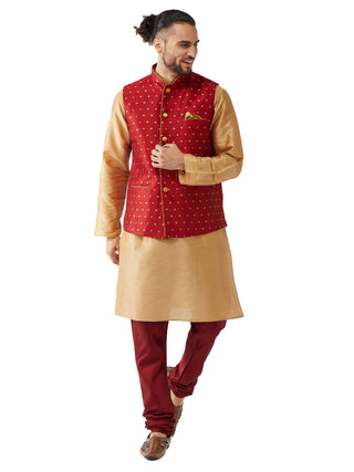 Vastramay Men's Rose Gold And Maroon Silk Blend Jacket, Kurta and Pyjama Set - Distacart