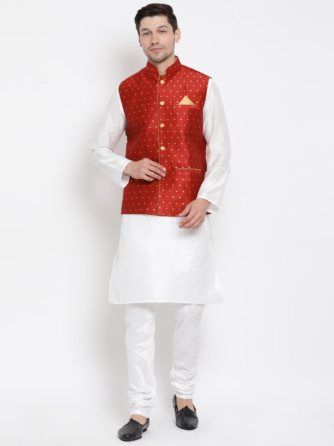 VM by Vastramay Men's White Silk Blend Jacket, Kurta And Pyjama Set - Distacart