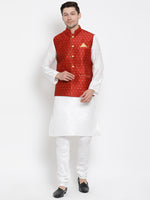 Thumbnail for VM by Vastramay Men's White Silk Blend Jacket, Kurta And Pyjama Set - Distacart