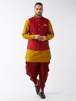 Thumbnail for VM by Vastramay Men's Mustard And Maroon Silk Blend Jacket, Kurta And Dhoti Set - Distacart